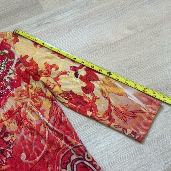 Vibrant One World Red and Yellow Abstract Floral Rhinestone Embellished Tunic - Picture 5 of 11